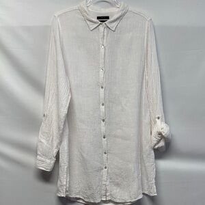 Tahari White 100% Linen Button Up Tunic Top Roll Tab Sleeve Shirt XL